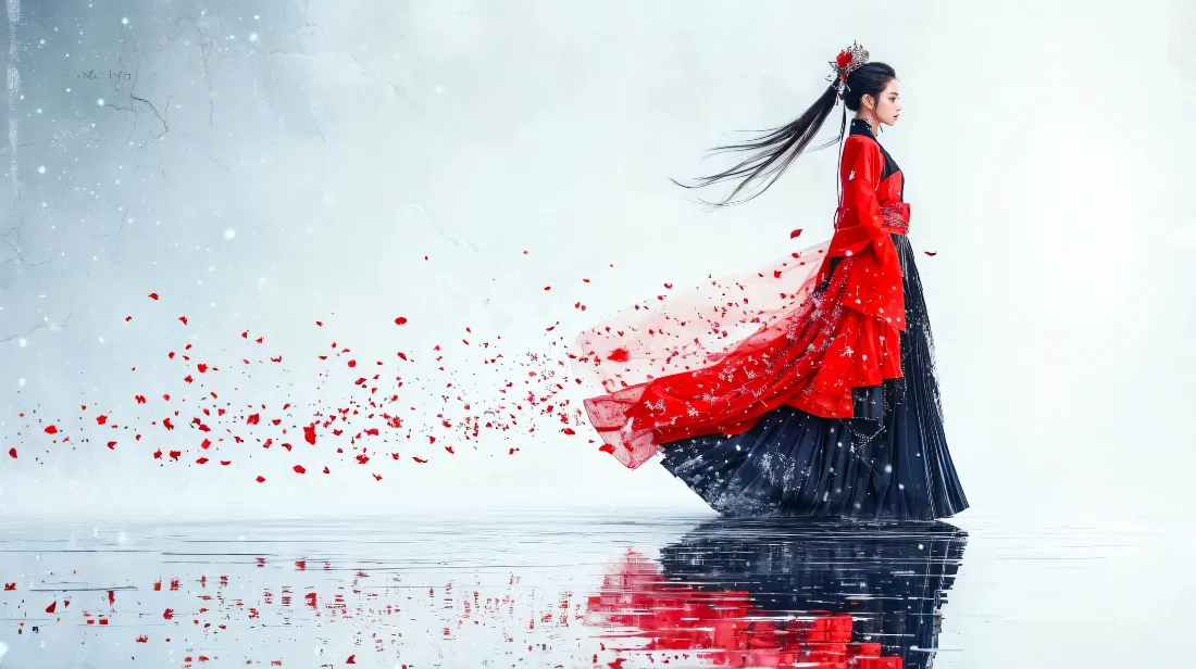 2k古风红衣汉服女子壁纸｜水面花瓣背景图片 - 飘雪氛围感「哲风壁纸」