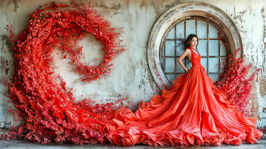 2k红色礼服美女壁纸｜复古圆窗背景图片 - 红色花墙「哲风壁纸」