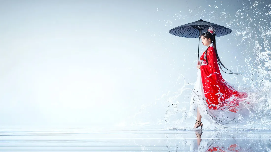 2k红衣汉服女子壁纸｜清冷水面背景图片 - 国风撑伞「哲风壁纸」