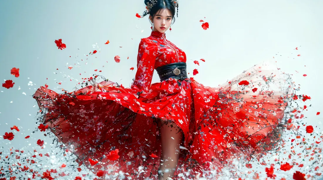 2k红衣古风美女壁纸｜花瓣飞舞裙摆背景图片 - 国风人像写真「哲风壁纸」