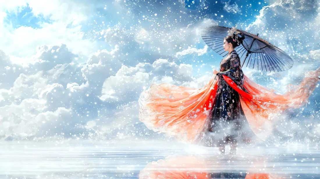 2k古风汉服女子壁纸｜云海飘雪背景图片 - 氛围感古装写真「哲风壁纸」