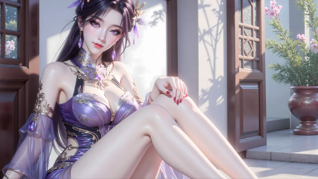 8k燕倾城壁纸｜古风庭院背景图片 - 紫裙仙侠御姐「哲风壁纸」