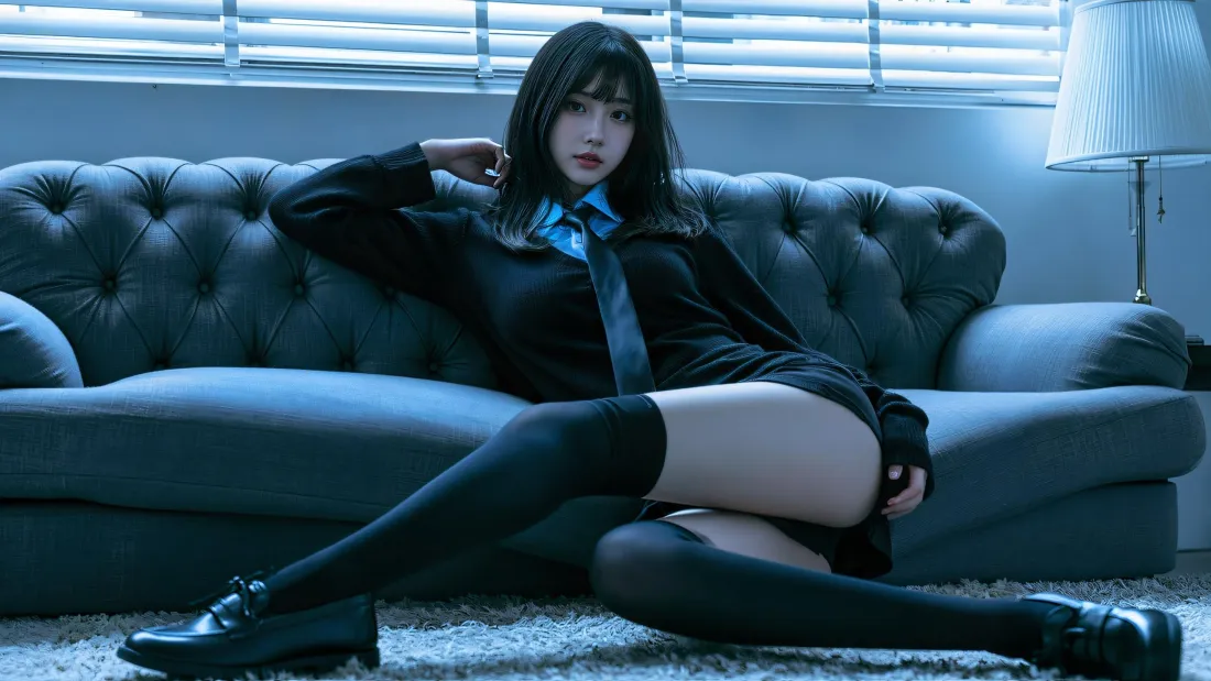 3k黑丝制服美女壁纸｜冷调沙发背景图片 - 清冷氛围感写真「哲风壁纸」