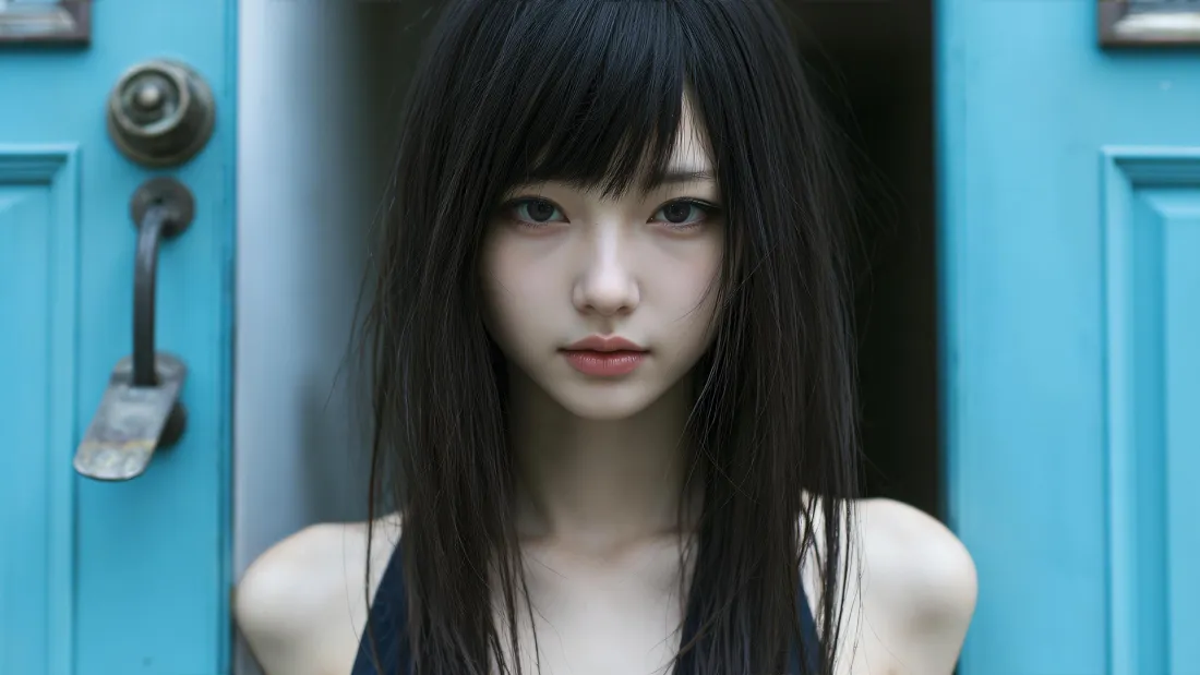 3k黑长直少女壁纸｜蓝色门背景图片 - 清冷人像「哲风壁纸」