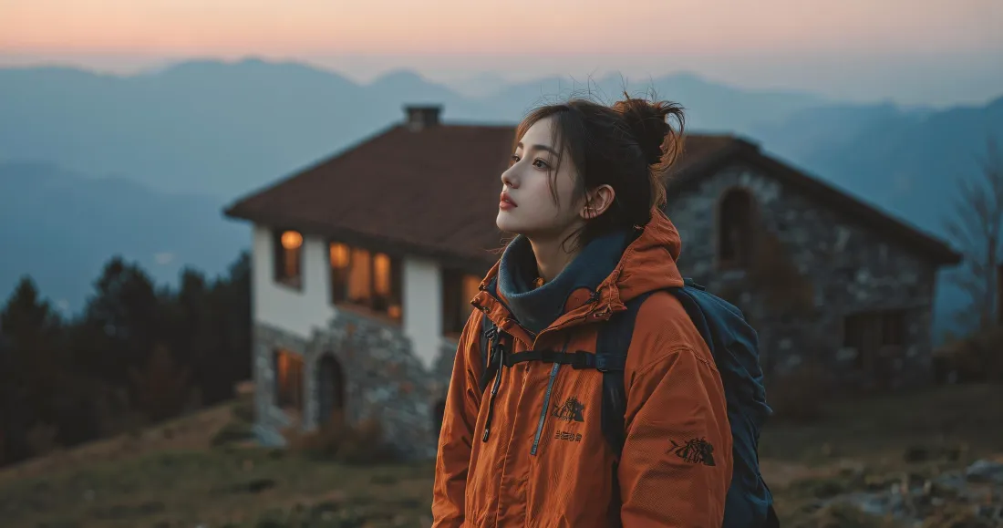 3k徒步女孩壁纸｜山间小屋黄昏背景图片 - 自由治愈氛围「哲风壁纸」