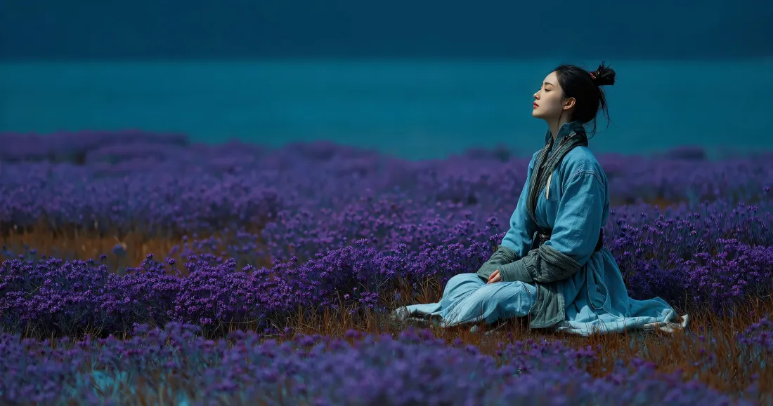 3k古风蓝衣女子壁纸｜紫色花海湖边背景图片 - 清新治愈风「哲风壁纸」