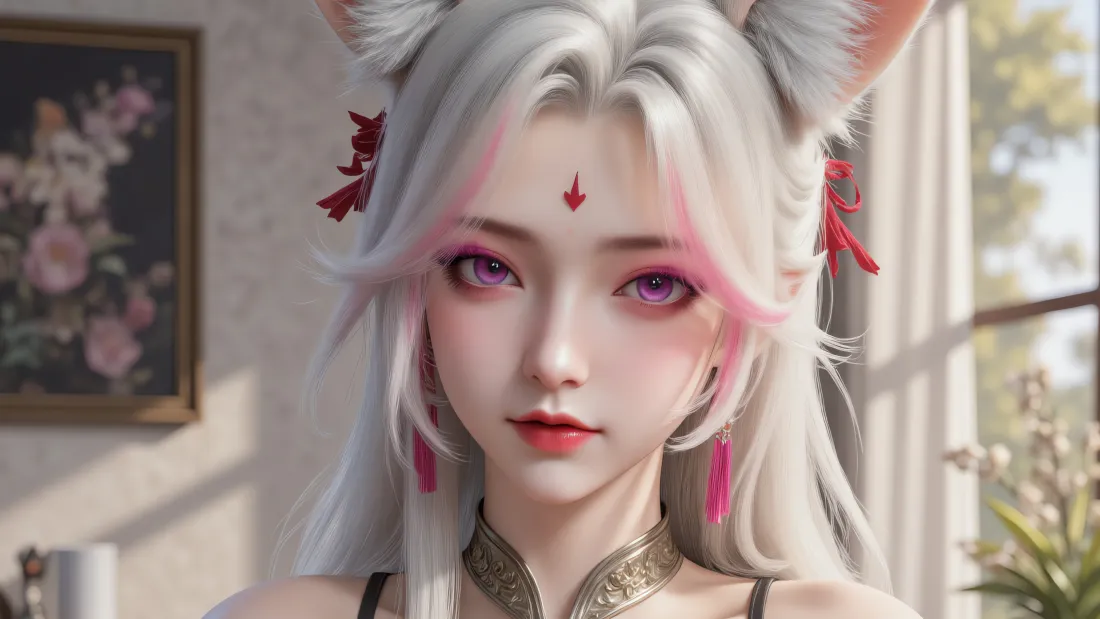 8k狐耳少女壁纸｜白发紫瞳室内背景图片 - 二次元3D角色「哲风壁纸」