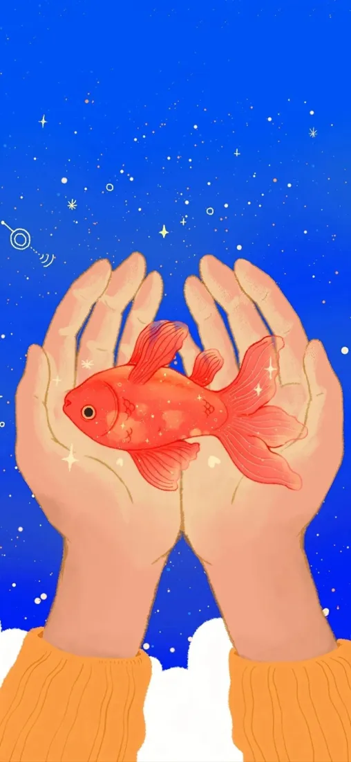 小金鱼手机壁纸｜蓝色星空背景图片 - 双手捧鱼治愈插画「哲风壁纸」