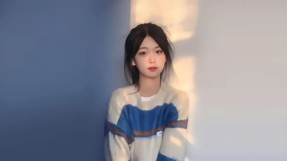 3k简约美女壁纸｜蓝白光影背景图片 - 休闲氛围感人像「哲风壁纸」