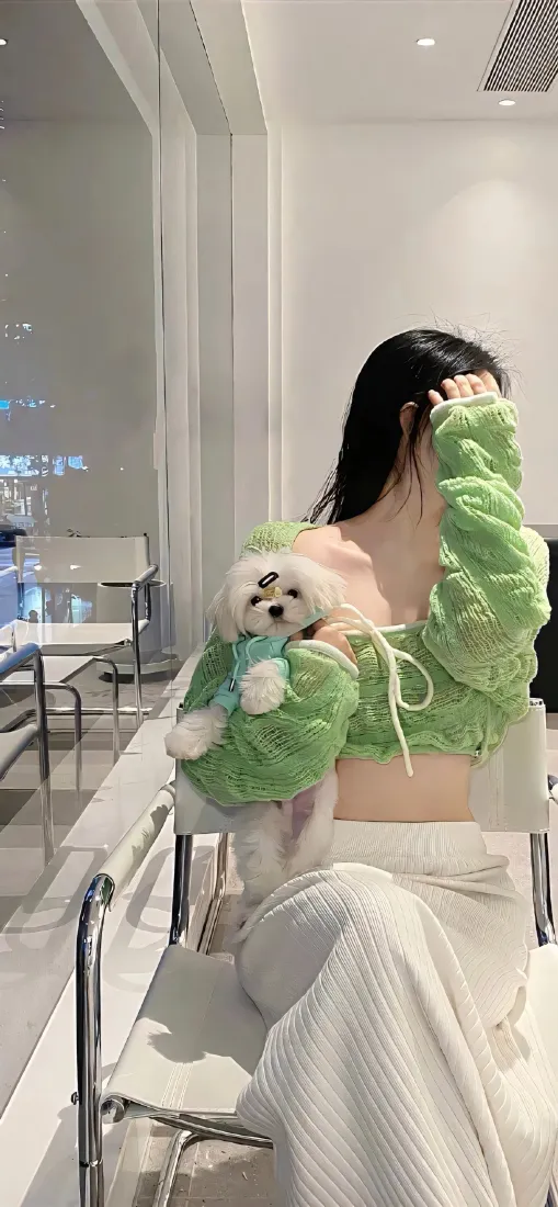 美女手机壁纸｜简约室内背景图片 - 抱比熊绿色日常穿搭「哲风壁纸」