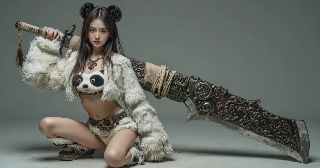3k熊猫cos少女壁纸｜手持大刀背景图片 - 个性写真「哲风壁纸」