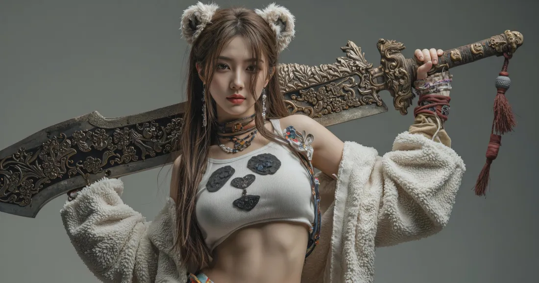 3k熊耳少女壁纸｜熊猫上衣持大刀背景图片 - 酷飒人像「哲风壁纸」