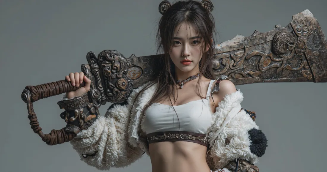 3k双丸子头美女壁纸｜巨剑毛绒外套背景图片 - 冷艳人像「哲风壁纸」