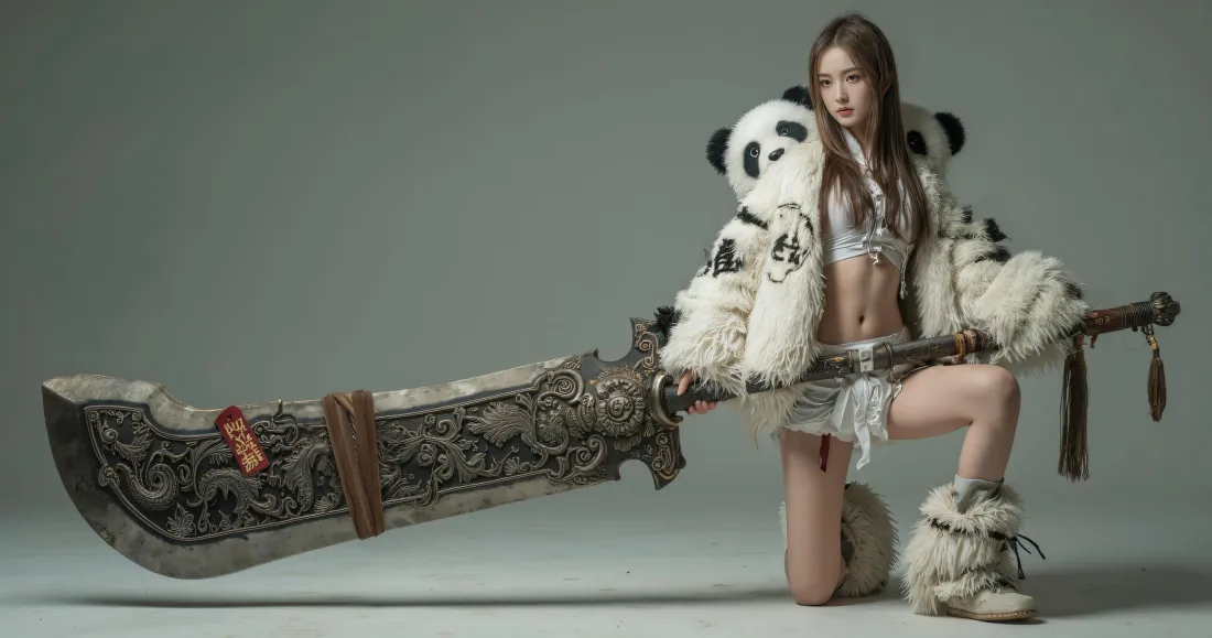 3k熊猫外套美女壁纸｜持巨剑人像背景图片 - 潮流个性穿搭「哲风壁纸」