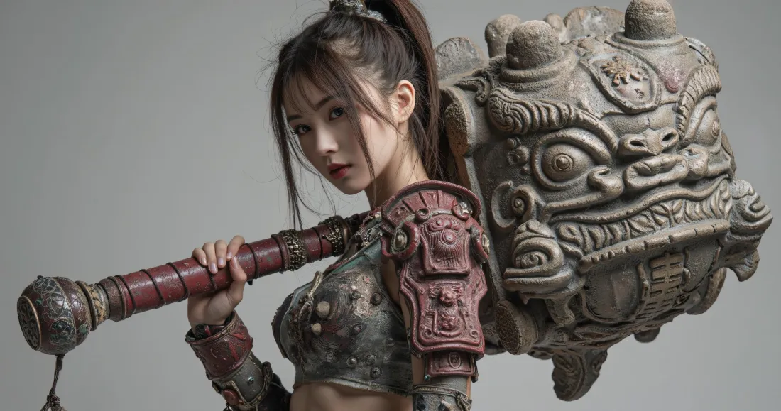 3k古风女武将壁纸｜铠甲巨锤武器背景图片 - 国风人像「哲风壁纸」