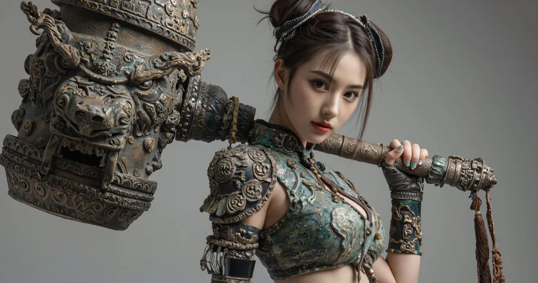 3k青甲古风少女壁纸｜武器铠甲背景图片 - 冷飒人像写真「哲风壁纸」