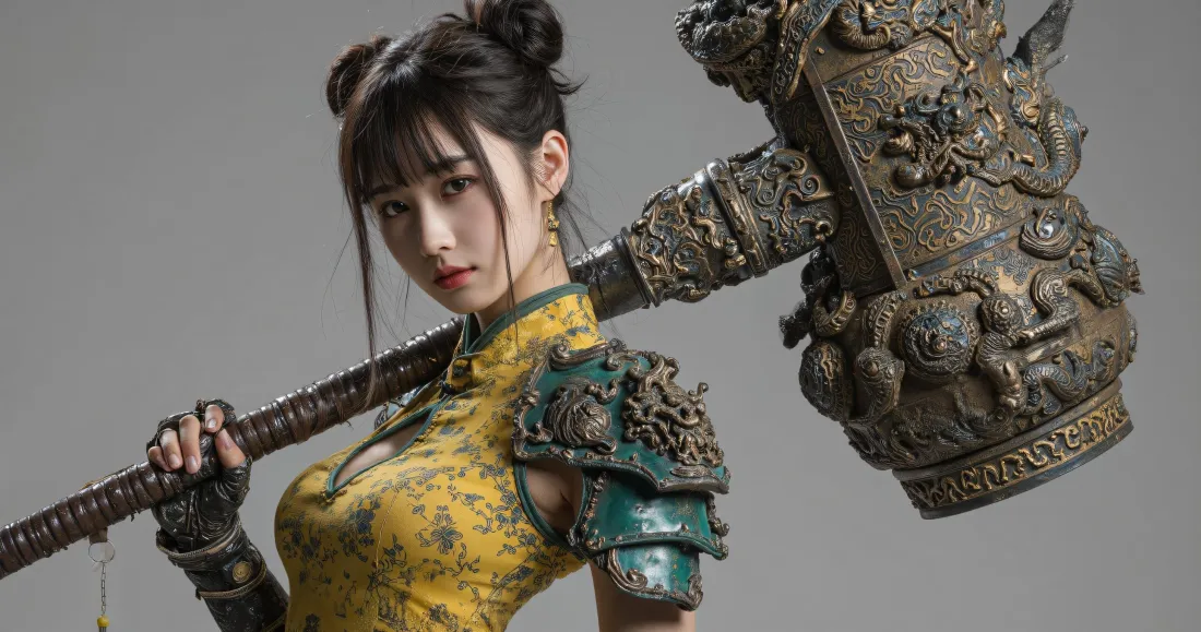 3k古风持锤少女壁纸｜黄色旗袍背景图片 - 冷艳铠甲造型「哲风壁纸」