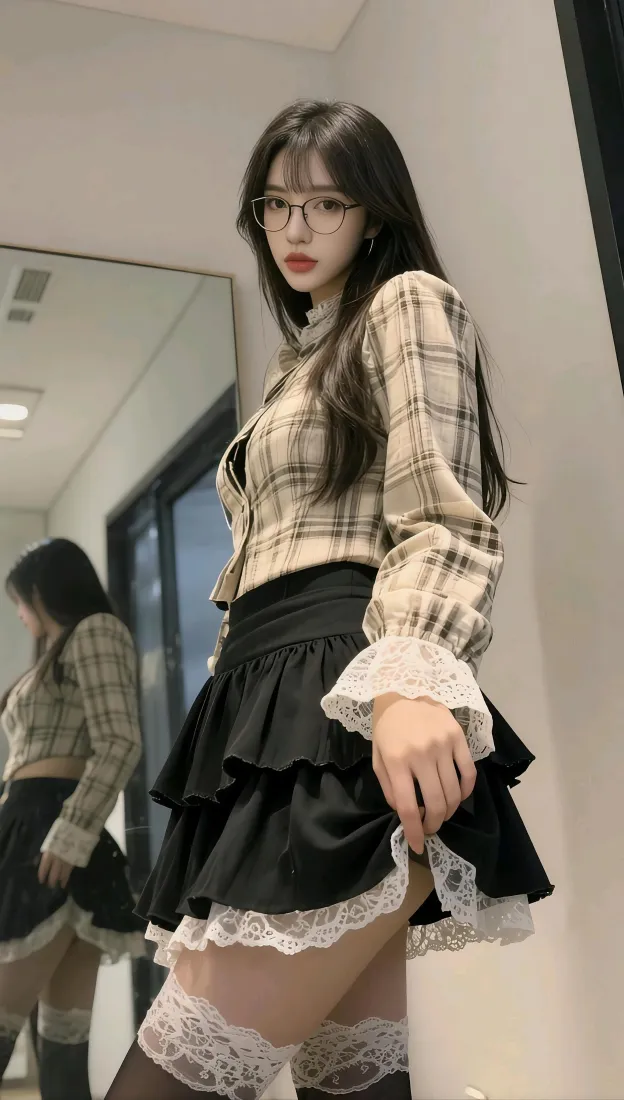 眼镜美女手机壁纸｜室内穿搭背景图片 - 格纹上衣蛋糕裙「哲风壁纸」