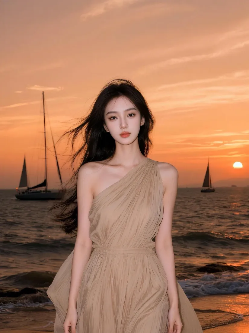 海边氛围感美女手机壁纸｜日落大海帆船背景图片 - 优雅长裙写真「哲风壁纸」