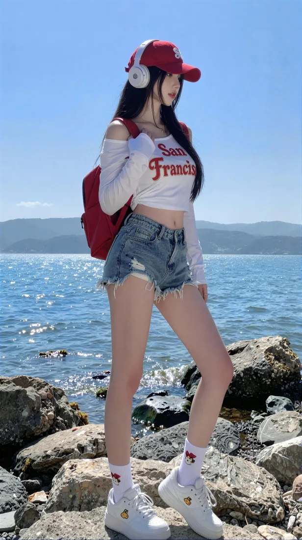 海边甜酷美女手机壁纸｜蓝天海岸背景图片 - 休闲时尚穿搭「哲风壁纸」