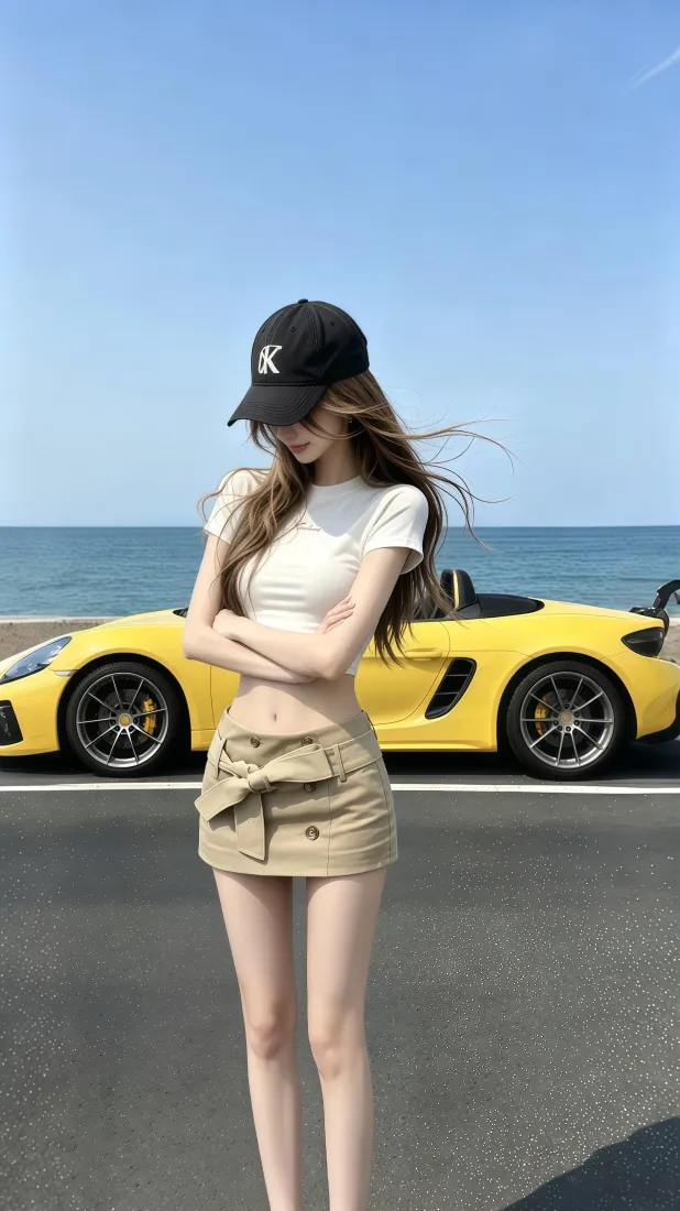 时尚美女手机壁纸｜海边跑车背景图片 - 清新户外写真「哲风壁纸」