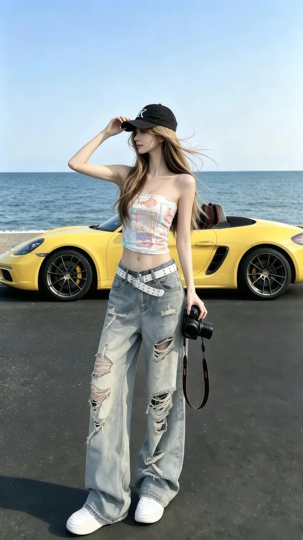 海边美女手机壁纸｜黄色跑车公路背景图片 - 潮流时尚休闲穿搭「哲风壁纸」