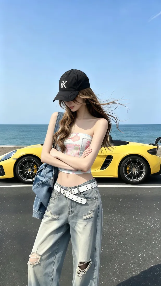 海边辣妹手机壁纸｜黄色跑车公路背景图片 - 潮酷穿搭「哲风壁纸」