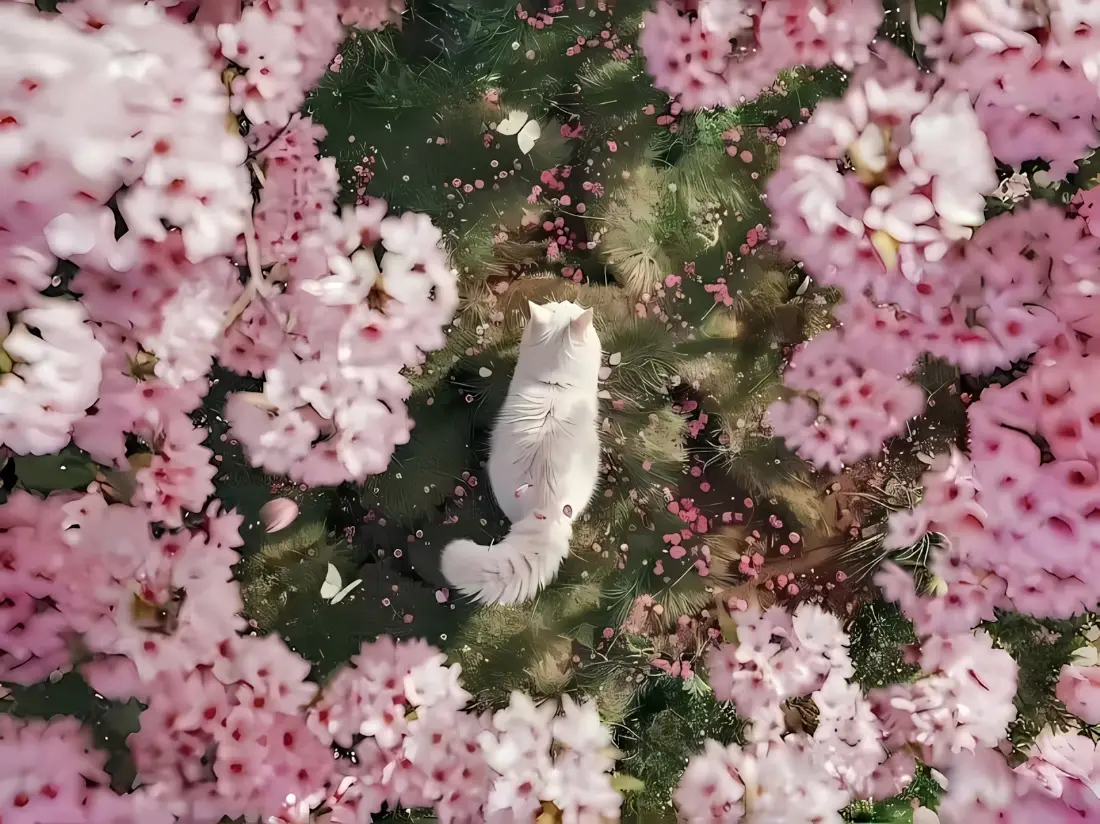 2k白色小猫壁纸｜粉色花丛背景图片 - 软萌可爱「哲风壁纸」