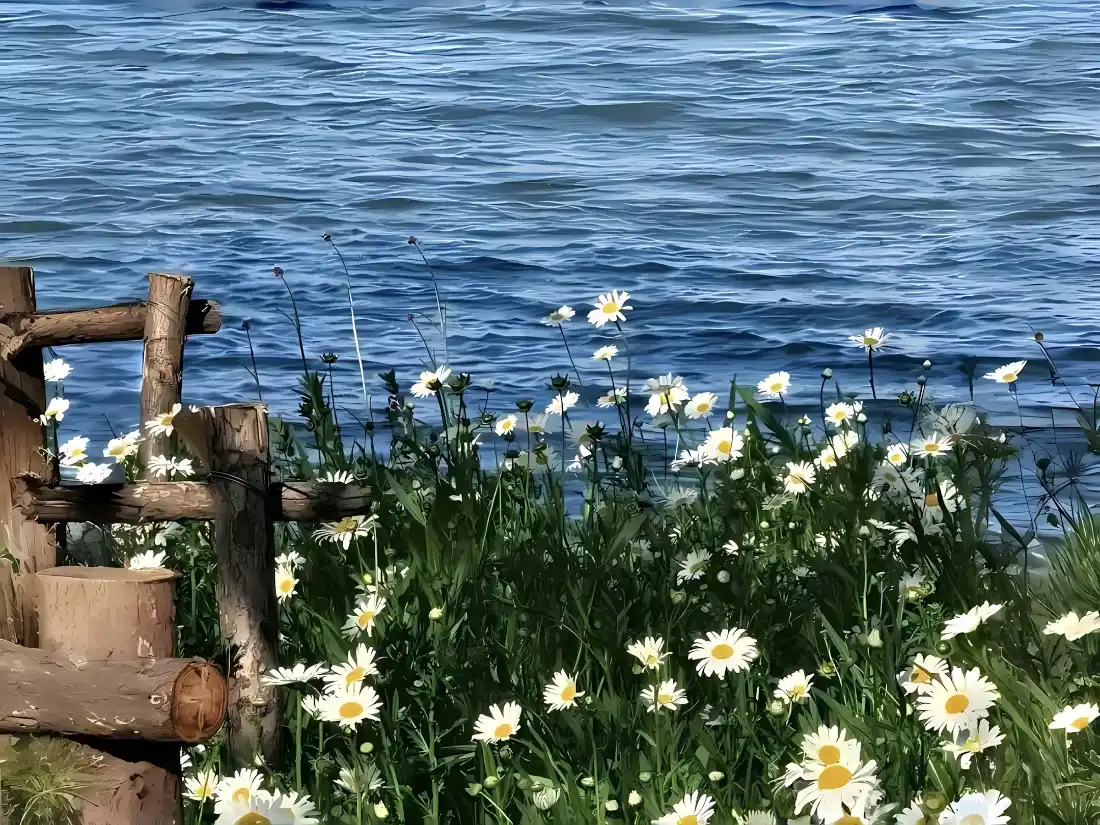 2k湖边雏菊壁纸｜木栏水岸背景图片 - 清新自然治愈风景「哲风壁纸」