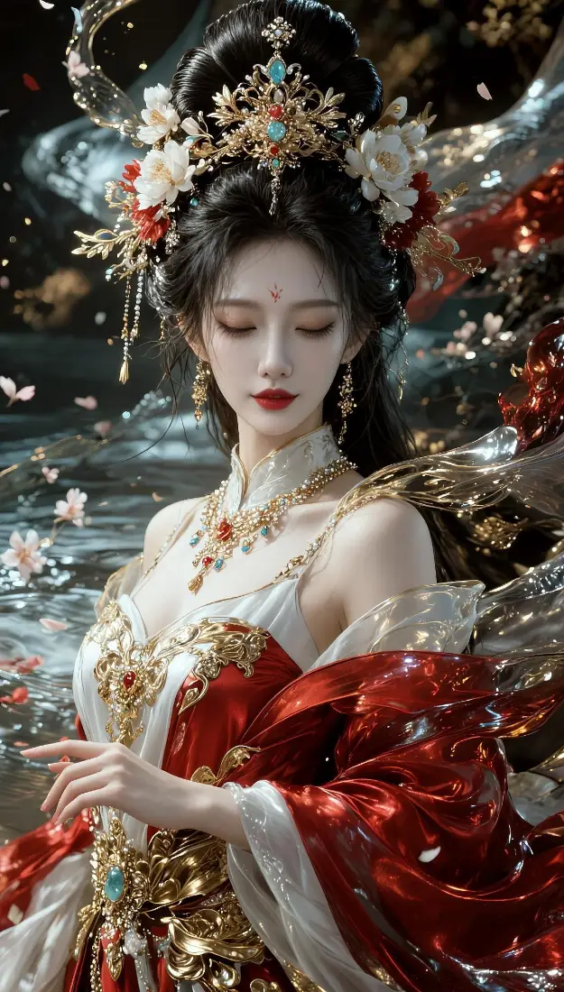 古风红衣美人手机壁纸｜水面落花背景图片 - 国风原创插画「哲风壁纸」