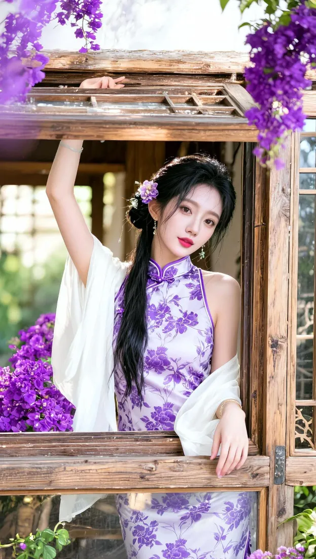 旗袍美女手机壁纸｜紫藤花木窗背景图片 - 温柔氛围感「哲风壁纸」