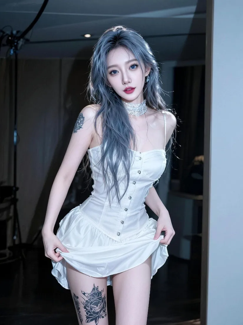 蓝发美女手机壁纸｜白色短裙室内背景图片 - 时尚纹身写真「哲风壁纸」