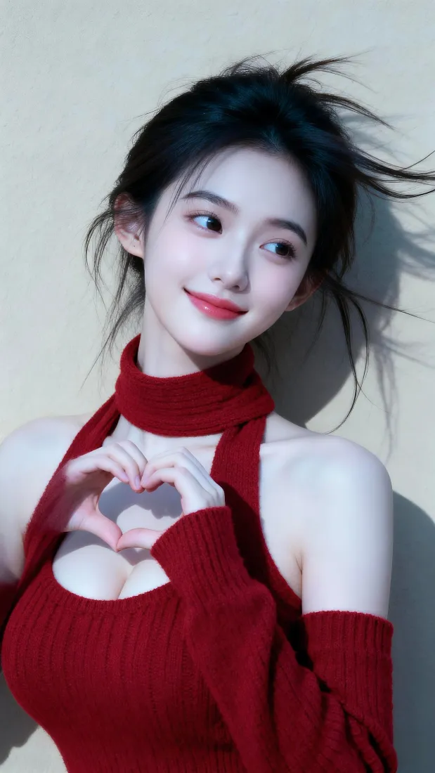 红衣美女手机壁纸｜氛围感人像背景图片 - 甜美比心「哲风壁纸」