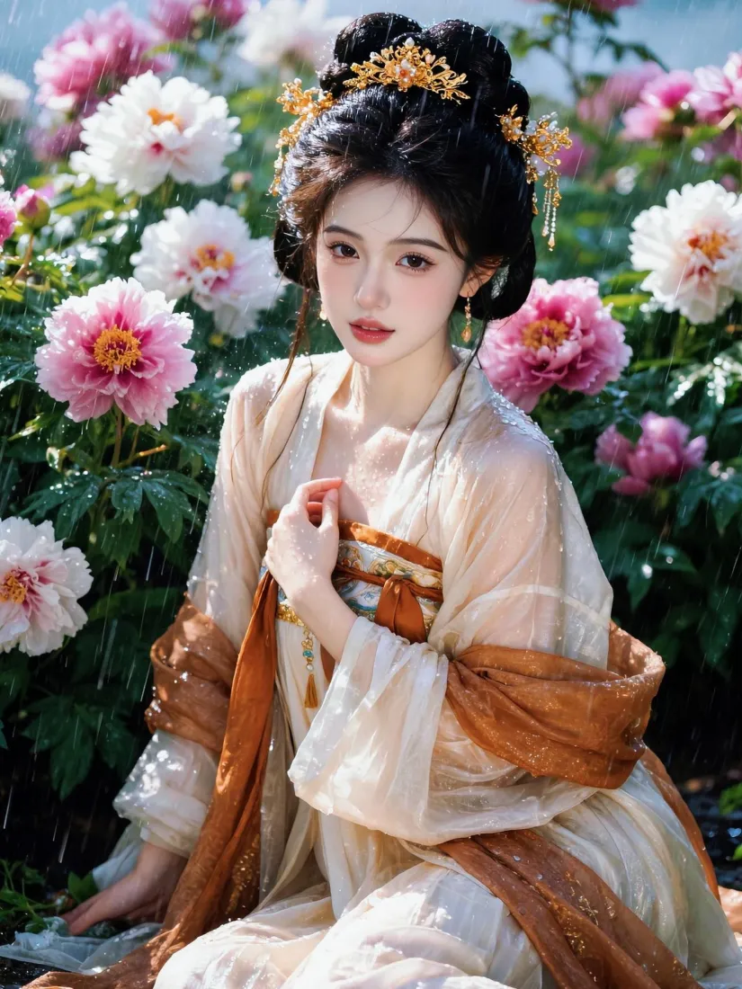 古风汉服美女手机壁纸｜牡丹花丛背景图片 - 国风氛围感写真「哲风壁纸」