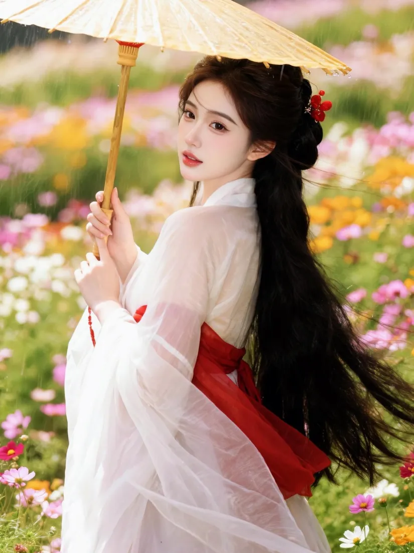 古风汉服美女手机壁纸｜花海油纸伞背景图片 - 国风人像「哲风壁纸」