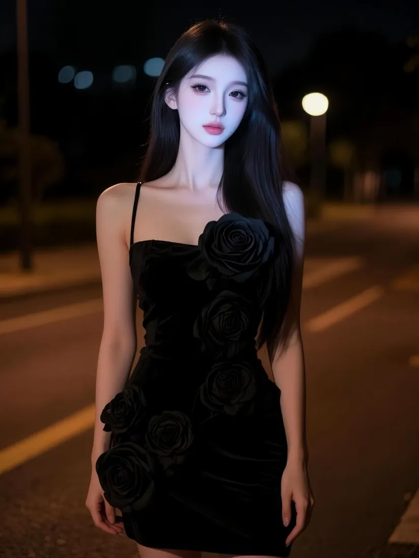 黑裙美女手机壁纸｜夜晚街头背景图片 - 氛围感人像「哲风壁纸」