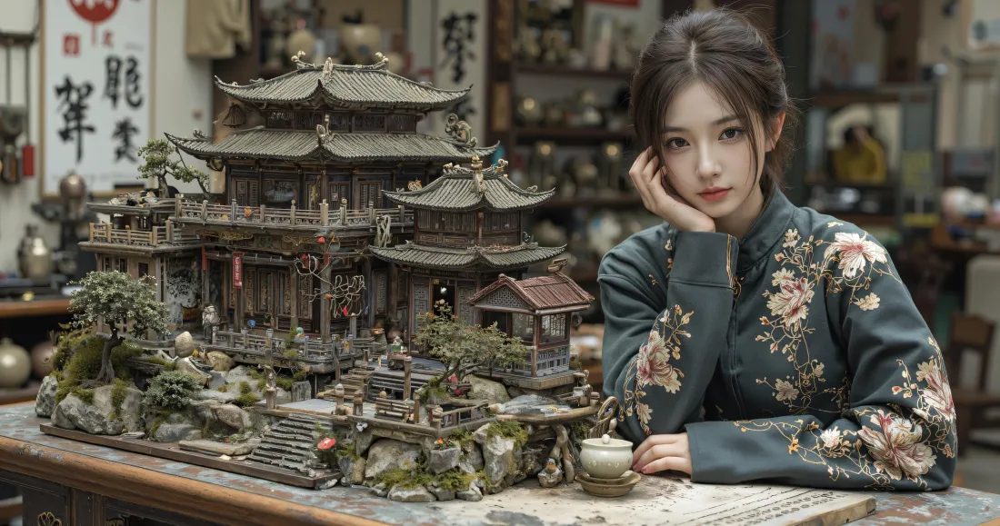 3k民国风美女壁纸｜微缩古建古玩店背景图片 - 国风氛围感「哲风壁纸」