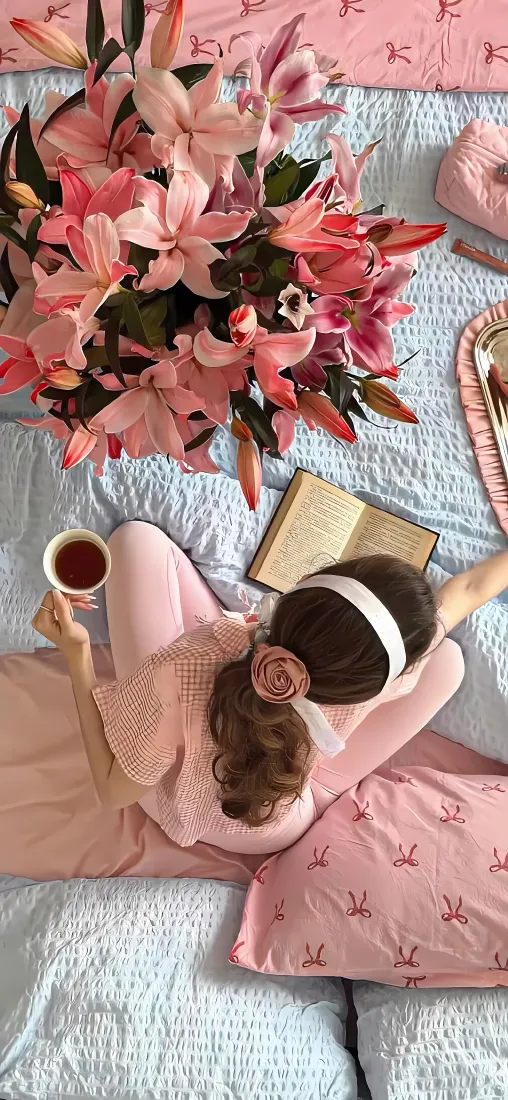 居家粉衣美女手机壁纸｜百合花床品背景图片 - 惬意休闲「哲风壁纸」