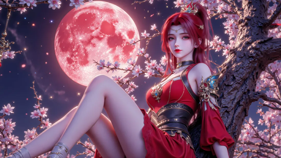 6k唐火儿壁纸｜红月桃花背景图片 - 斗破苍穹二次元少女「哲风壁纸」