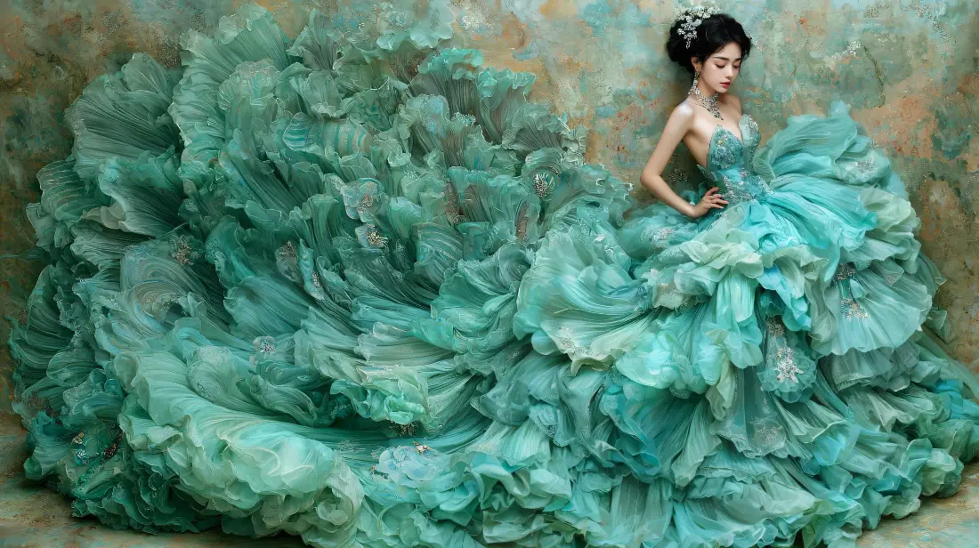 2k绿裙美女壁纸｜大摆纱裙背景图片 - 时尚人像写真「哲风壁纸」