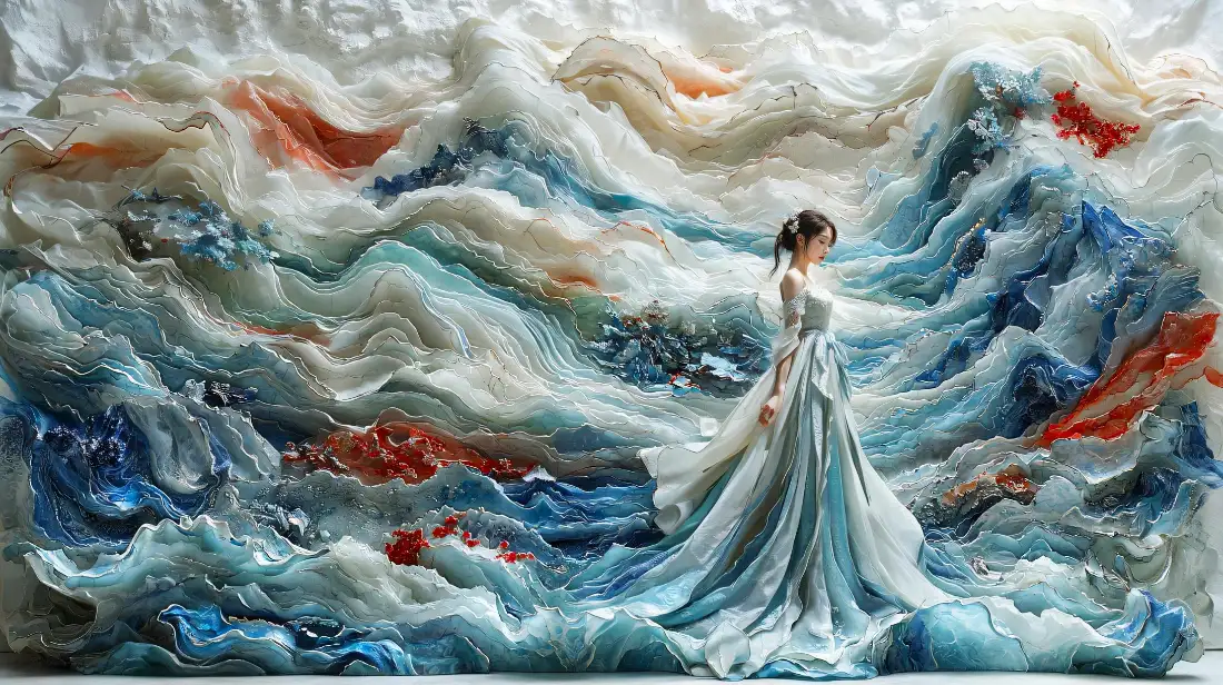 2k长裙少女壁纸｜海浪锦鲤背景图片 - 国风艺术插画「哲风壁纸」