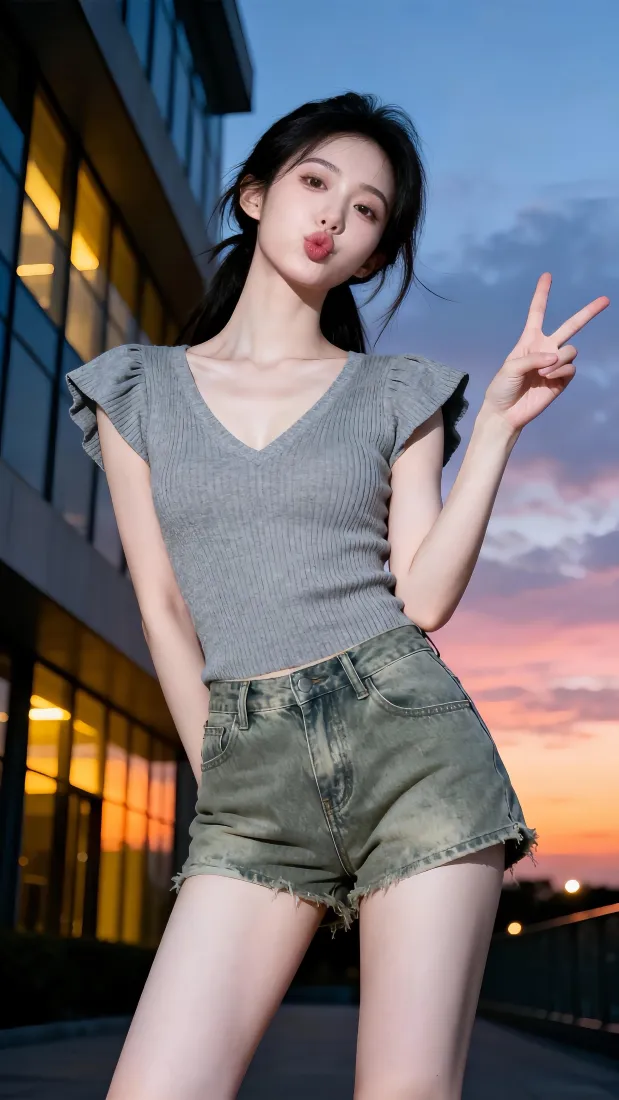 氛围感美女手机壁纸｜黄昏建筑背景图片 - 甜酷比耶穿搭「哲风壁纸」
