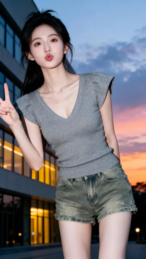 甜美美女手机壁纸｜城市黄昏背景图片 - 休闲穿搭氛围感「哲风壁纸」