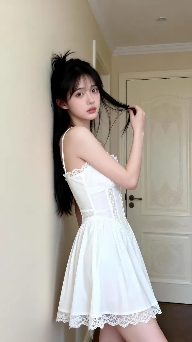 白裙少女手机壁纸｜居家室内背景图片 - 清纯甜美人像写真「哲风壁纸」