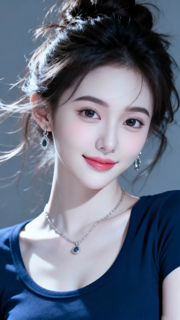 丸子头美女手机壁纸｜蓝衣简约背景图片 - 手机高清写真「哲风壁纸」
