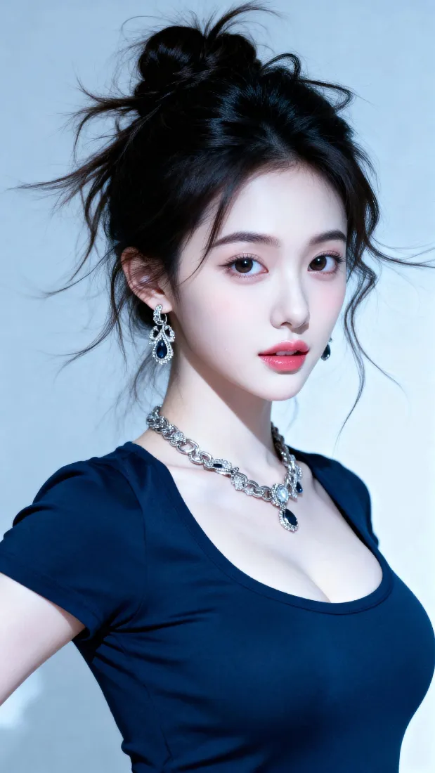 丸子头美女手机壁纸｜浅蓝色背景图片 - 时尚氛围感写真「哲风壁纸」