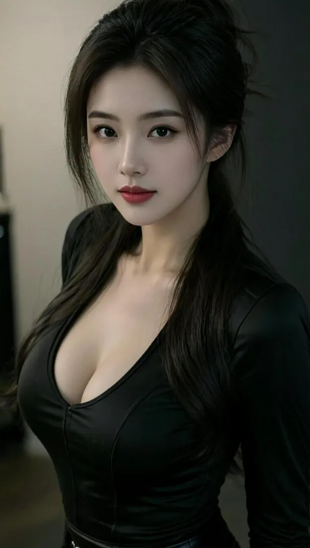高马尾美女手机壁纸｜黑色深领上衣背景图片 - 性感时尚人像「哲风壁纸」
