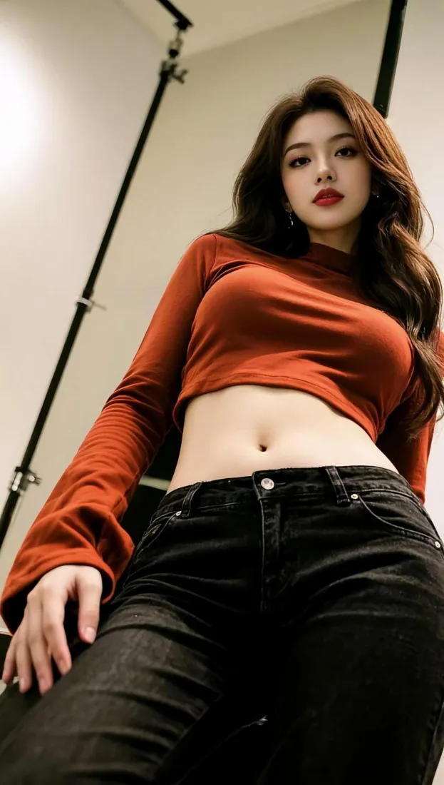 卷发美女手机壁纸｜红色露脐装背景图片 - 时尚人像「哲风壁纸」