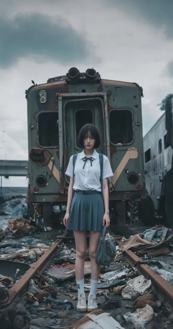 JK少女手机壁纸｜废弃铁轨背景图片 - 清冷氛围感写真「哲风壁纸」