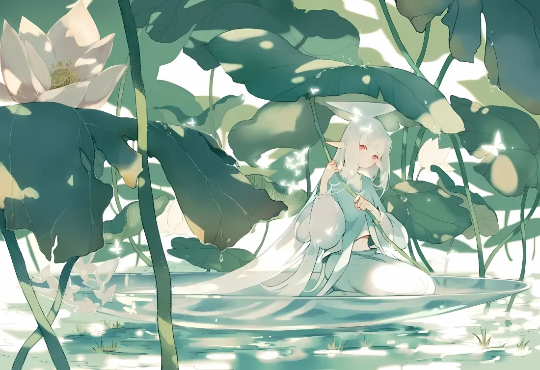 2k白发精灵少女壁纸｜荷塘荷叶背景图片 - 二次元插画「哲风壁纸」